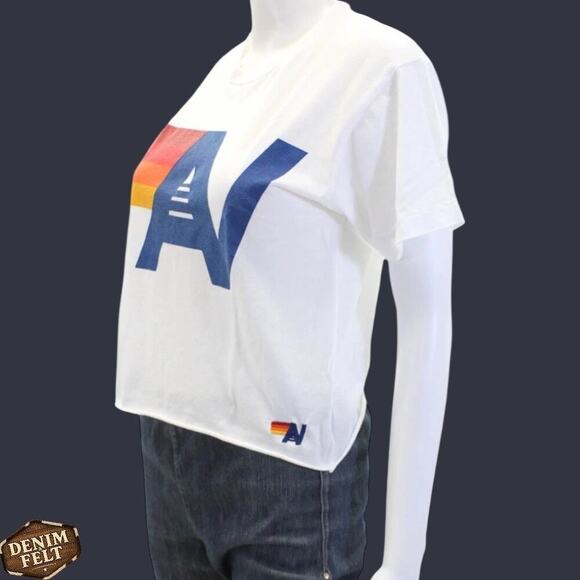 Aviator Nation Cropped AV Logo Graphic Tee White Rainbow T/Shirt Sz S - Picture 6 of 13